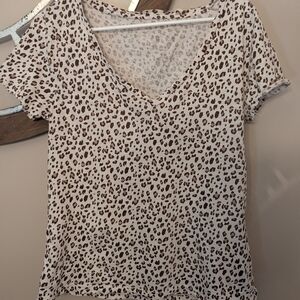 J. Crew Brown and White Leopard Print V-Neck Tee